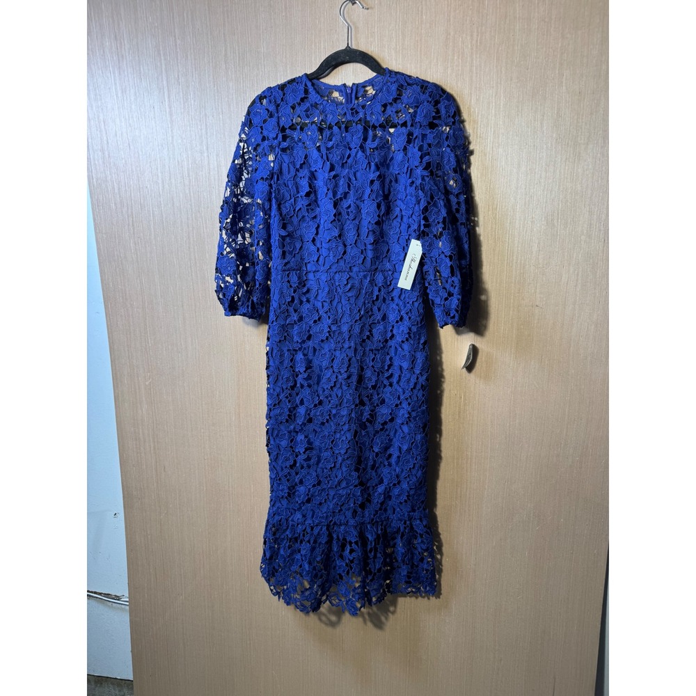 Shoshanna $510 Judith‎ Navy Blue Eyelet Lace Appliqué Floral Lace Midi Balloon